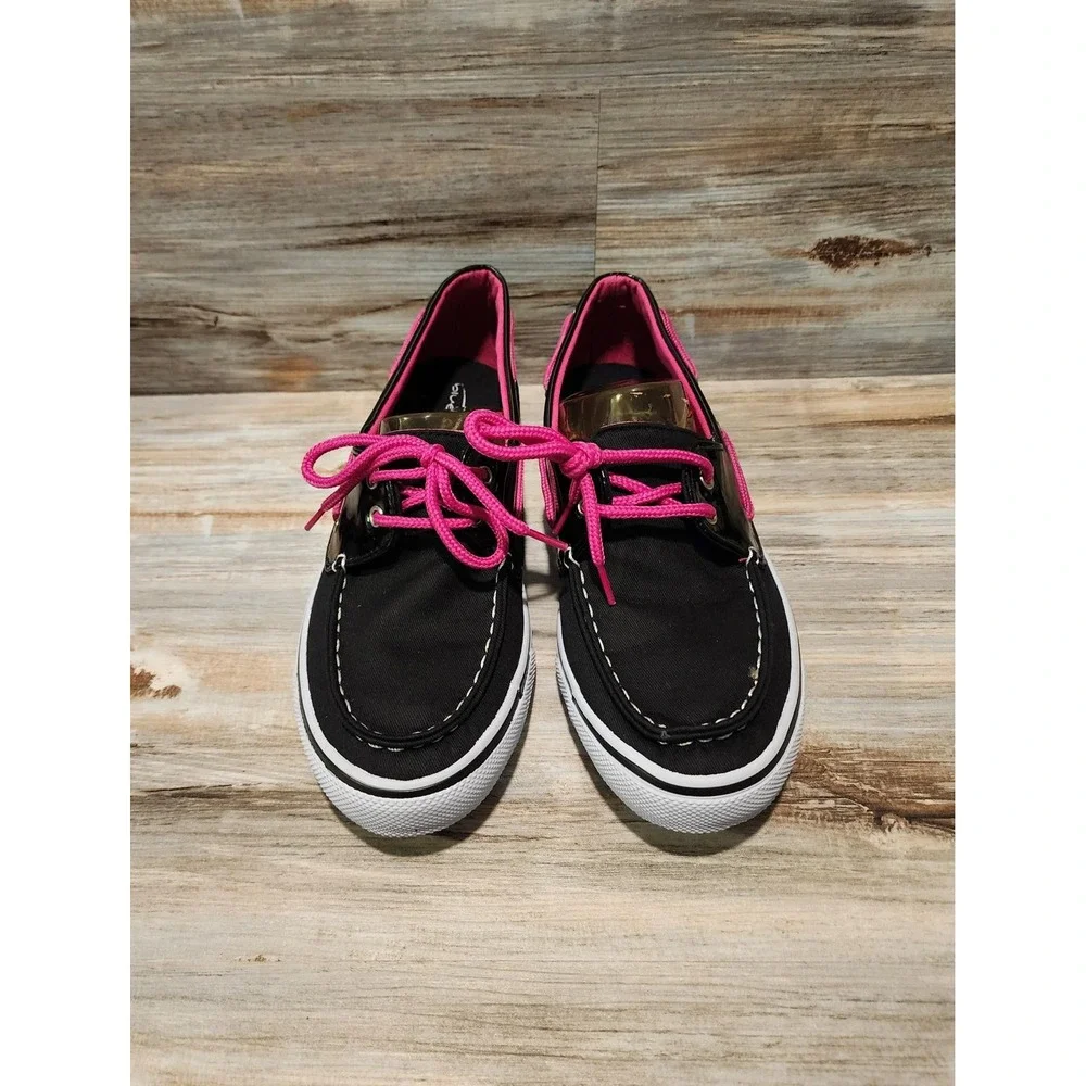Bluefin Scuttle Mens 7.5 Boat Shoes Black Pink Canvas Patent Trim Deck Shoes